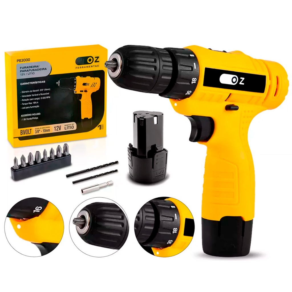 Furadeira Parafusadeira/Furadeira C/Luz De LED Bivolt 12V Com Maleta Oz