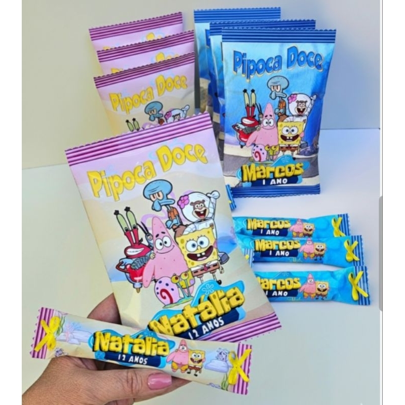 Pipocas doces personalizadas+jujubas Bob Esponja feminino festa infantil personalizados lembrancinhas kit pipoca jujuba