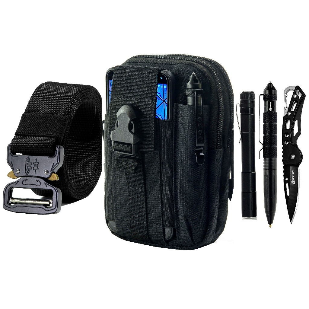 Pochete Bolsa Porta Treco Tático Militar Molle M1 + Cinto+ Faca Tática KN + Mini Lanterna+Caneta