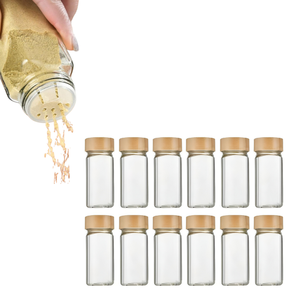 Kit 12 Porta Tempero De Vidro Tampa De Bambu 120ml Com Dosador Duplo em Oferta na Shopee