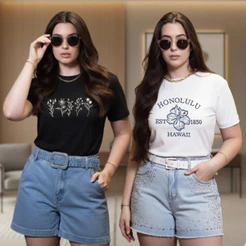Kit 2 T-Shirt Feminina Estampada Camisa Estilosa 100% Algodão Envio Imediato