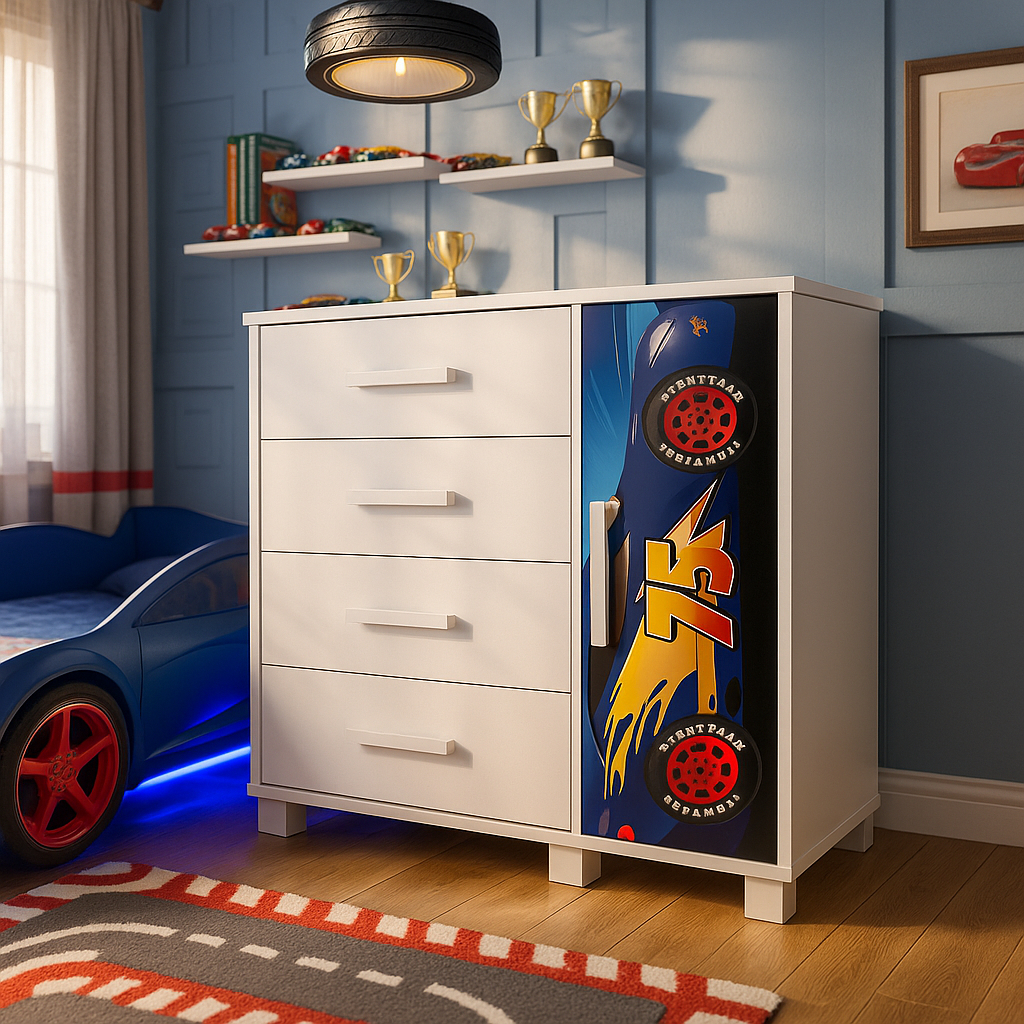 Cômoda Carro 75 Vermelho com 4 Gavetas 1 Porta Feito em MDF Para Quarto de Criança