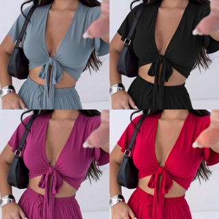 Cropped Com Amarração Multiformas Feminino Blusa Top Decotado em Oferta na Shopee
