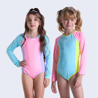 Maiô Infantil Manga Longa UV50+ Recortes Coloridos em Oferta na Shopee