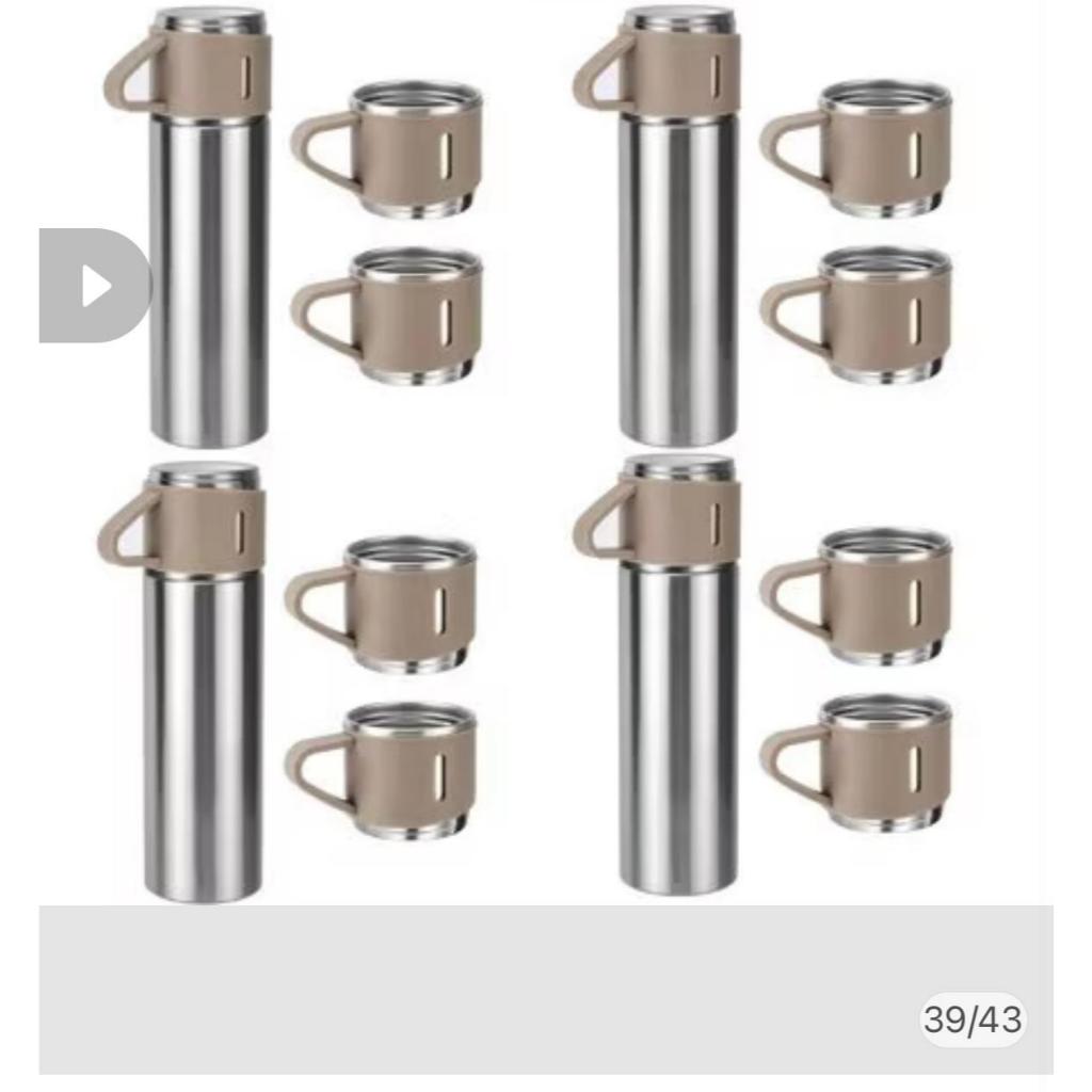 KIT1~KIT4 Caneca Kit Garrafa Térmica Vacuum Bottle Inox + 3 Xícaras Bebidas Fria ou Quente 500ml