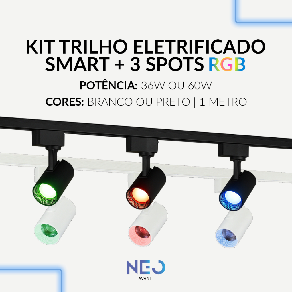 Kit 3 Spot Led + Trilho Smart Inteligente 1 Metro 36w ou 60w RGB 110v 220v Branco ou Preto Neo Avant em Oferta na Shopee