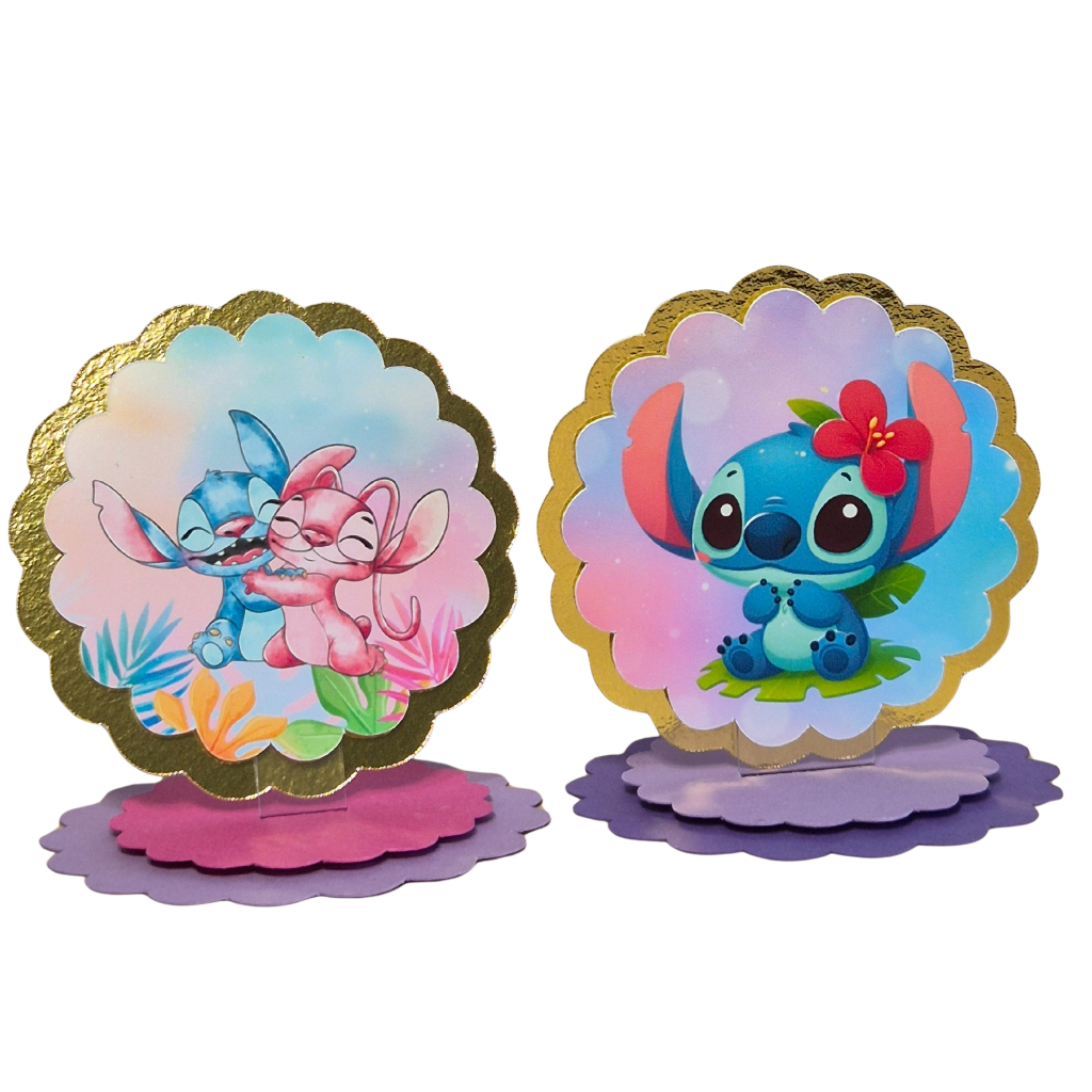 Tags aplique 3D em pé Lilo Stitch Angel - lamicote metalizado dourado lembrancinhas personalizadas