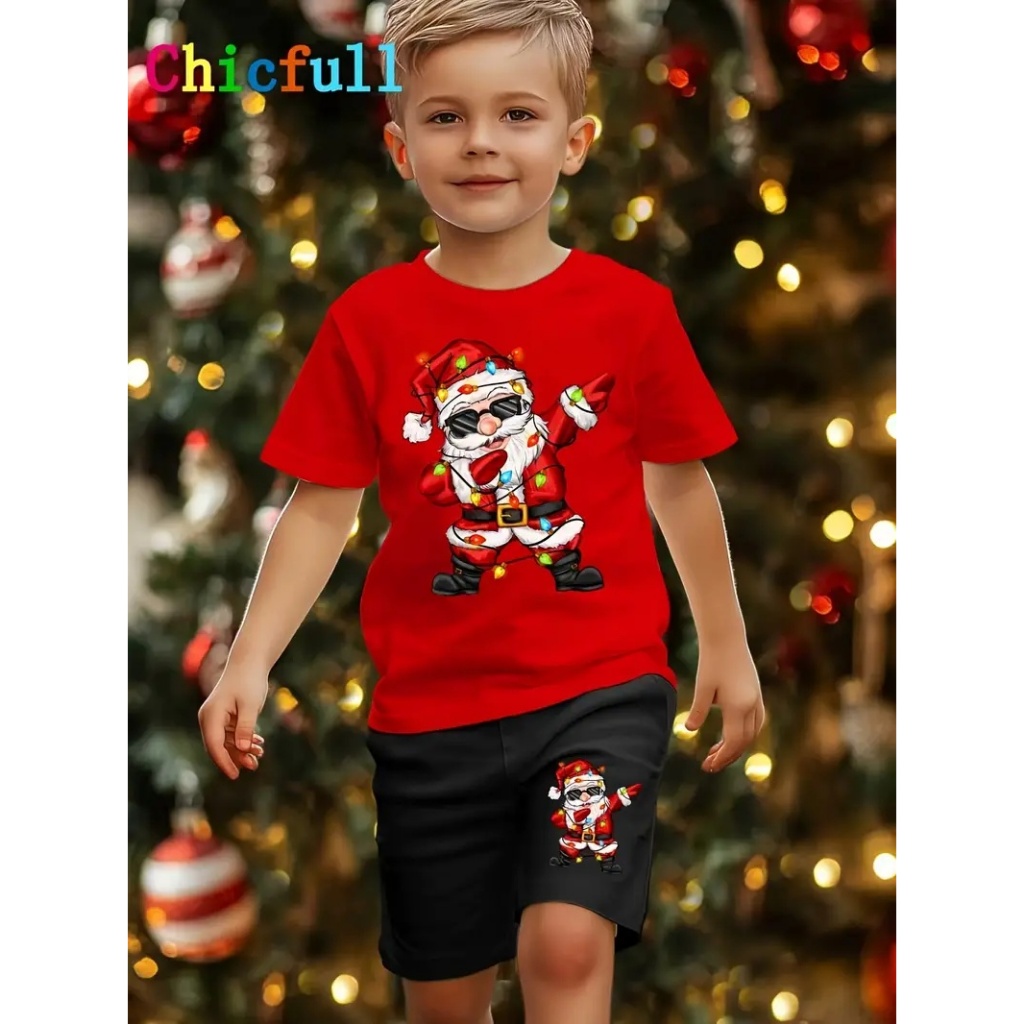 Conjunto Infantil Camiseta+Short de Moletom  Confortável Papai Noel Estiloso