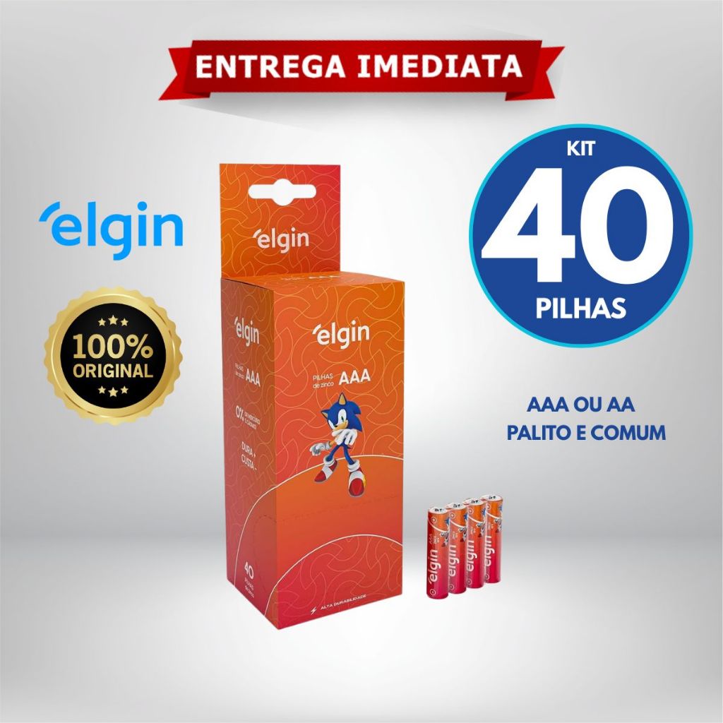 40 Unidades Pilhas de Zinco AA AAA Elgin Palito Comum