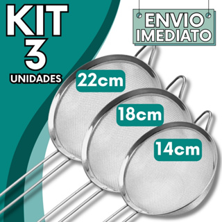 KIT 1 ou 3 Unidades Peneira Coador Aço Inox PREMIUM 22cm 18cm 14cm Super Resistente  para Cozinha Casa Oleo Doce em Oferta na Shopee