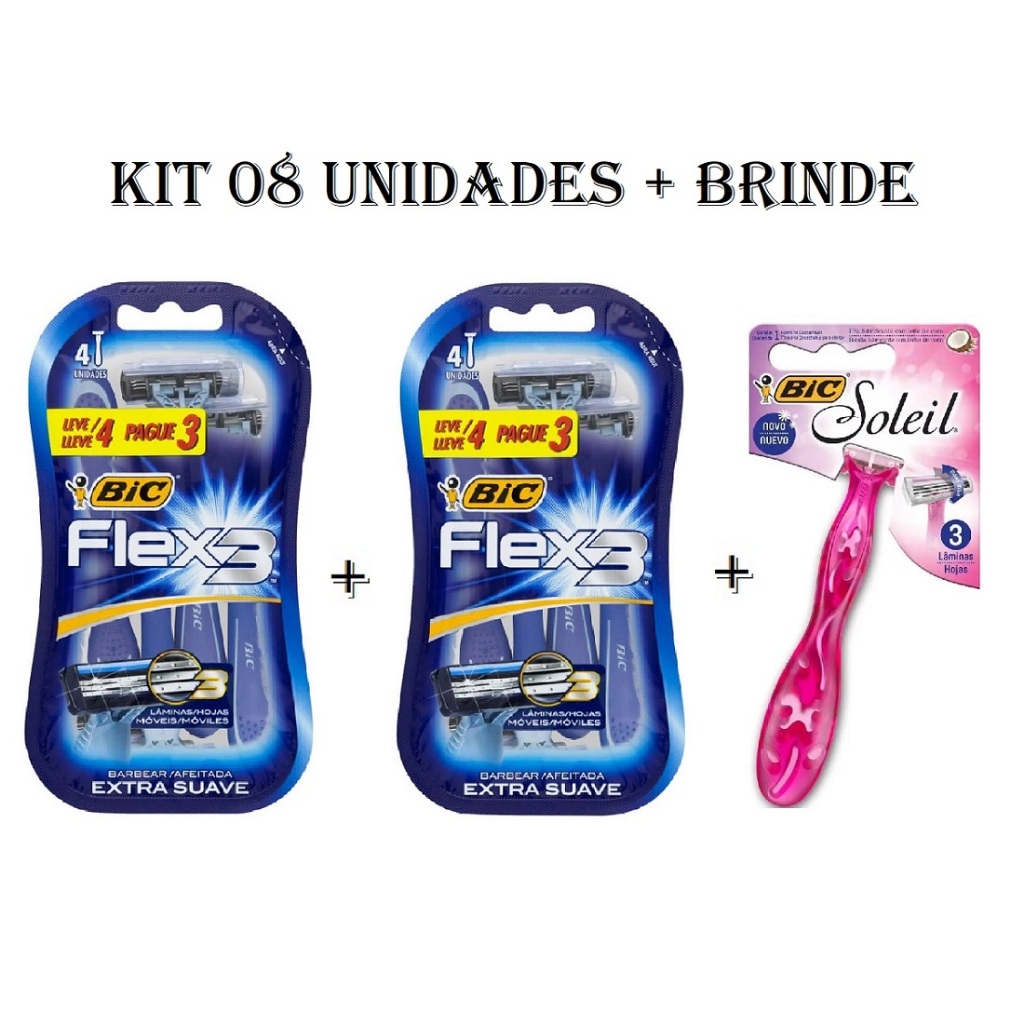 Aparelho de Barbear Bic Flex3 Azul Leve 4 Pague 3 + Brinde 01 Bic Soleil 3 Lâminas (01 un)
