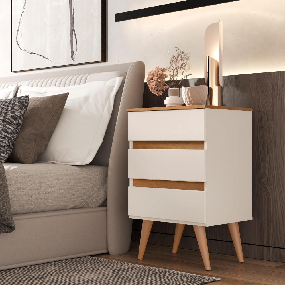 Mesa de Cabeceira Roma 3 Gavetas New Pés Palito Retrô Quarto em Oferta na Shopee