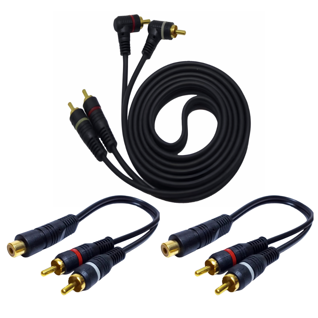 Kit Cabos RCA 1 Metro Ponta 90 Graus + 2 RCA Y 2M1F 2 Machos e 1 Fêmea Semi Blindado Sem Ruídos