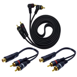 Kit Cabos RCA 1 Metro Ponta 90 Graus + 2 RCA Y 2M1F 2 Machos e 1 Fêmea Semi Blindado Sem Ruídos
