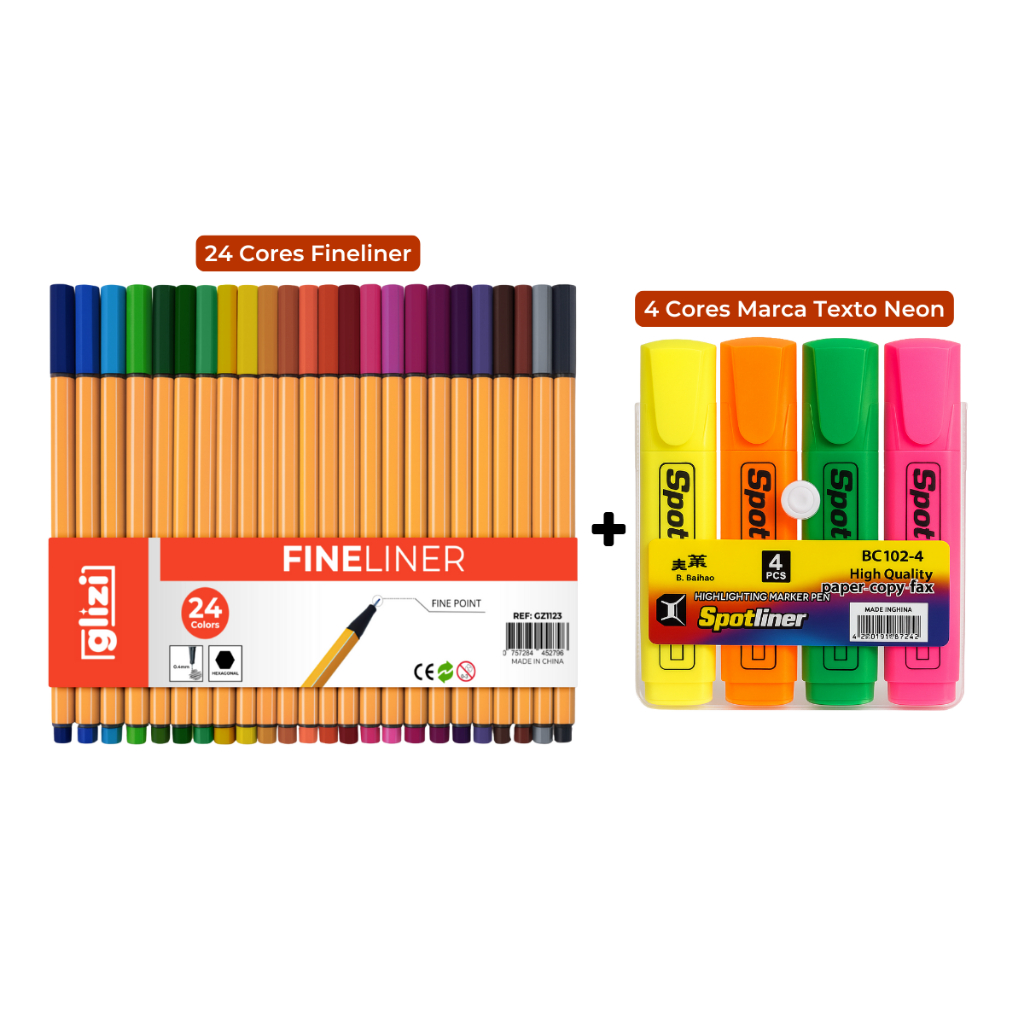 Kit Canetas Coloridas Ponta Fina 24 Cores + Marca Texto Neon 4 Corers em Oferta na Shopee