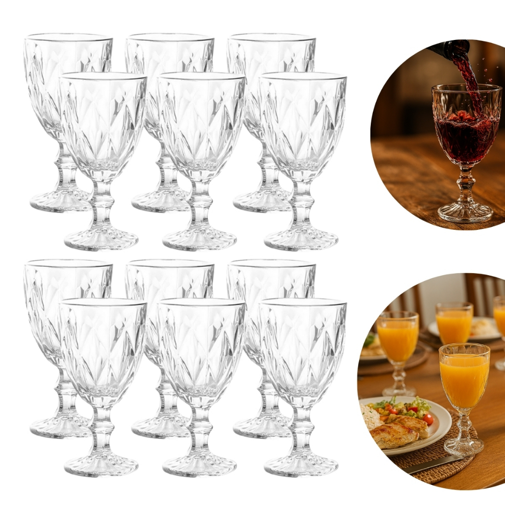 Jogo de Taças Copos Cristal Ecológico Diamond 330ml com 12 Unidades - Bela Flor em Oferta na Shopee