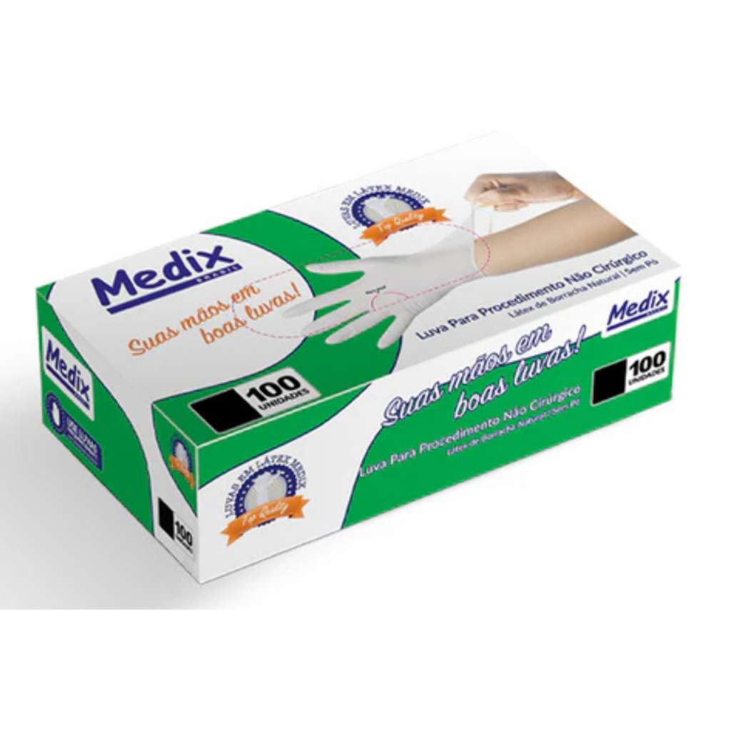 Luva Látex Descartável Sem Pó Branca 100 Unidades Medix