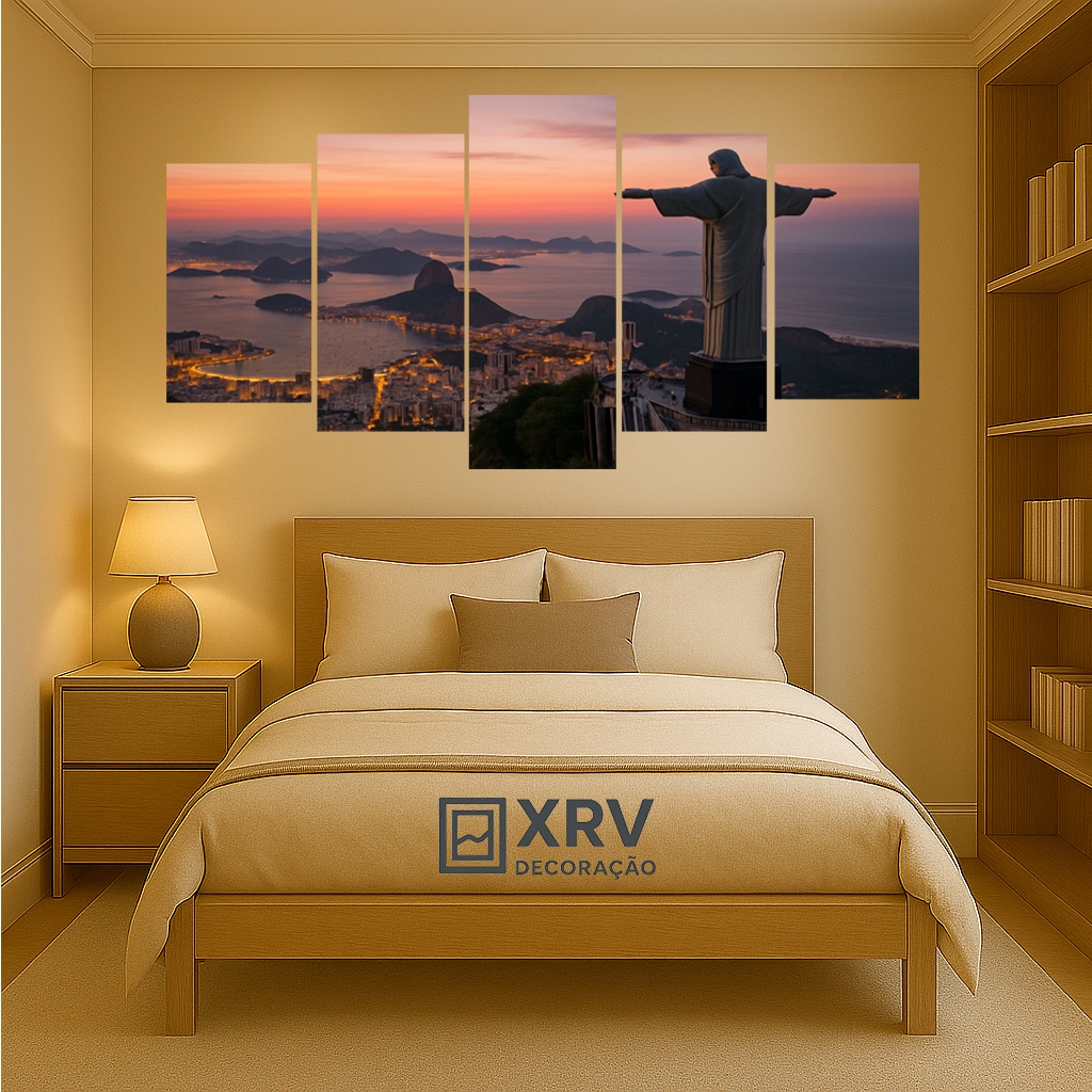 Quadro Decorativo 5 Peças Cristo Redentor Rio de Janeiro ao Entardecer