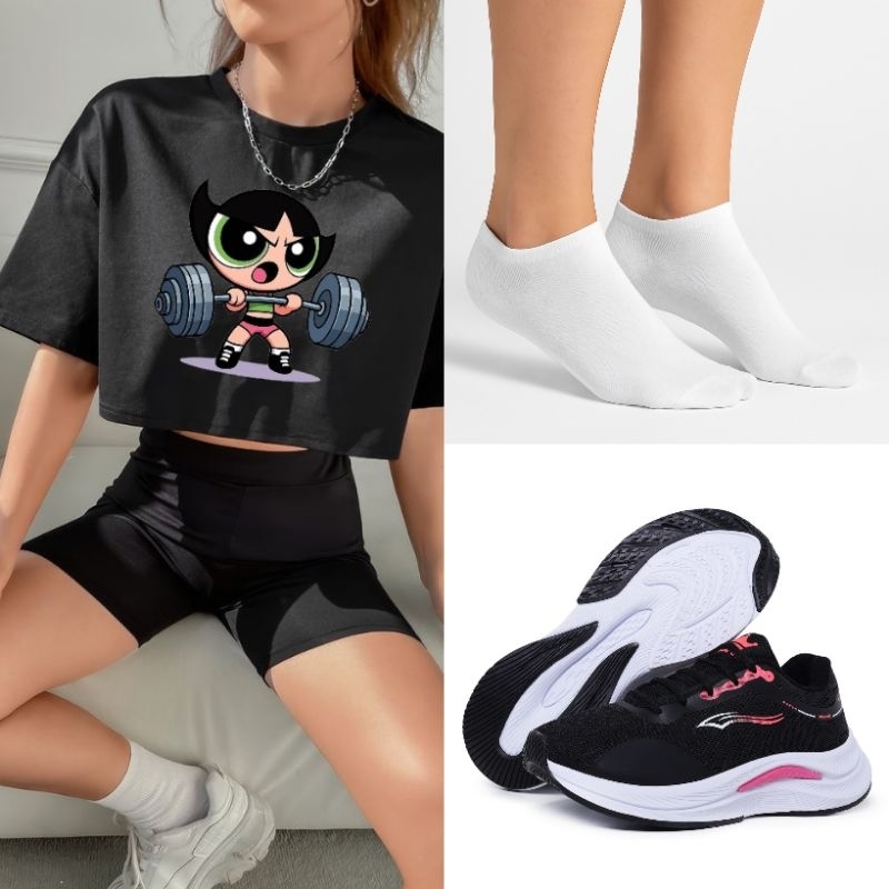 Kit feminino academia cropped preto docinho tênis preto rosa meia soquete branca exercício fitness