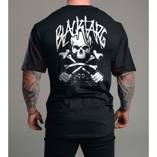 Camiseta Oversized Masculina Black Targ Caveira com Halteres – Estilo Streetwear Academia