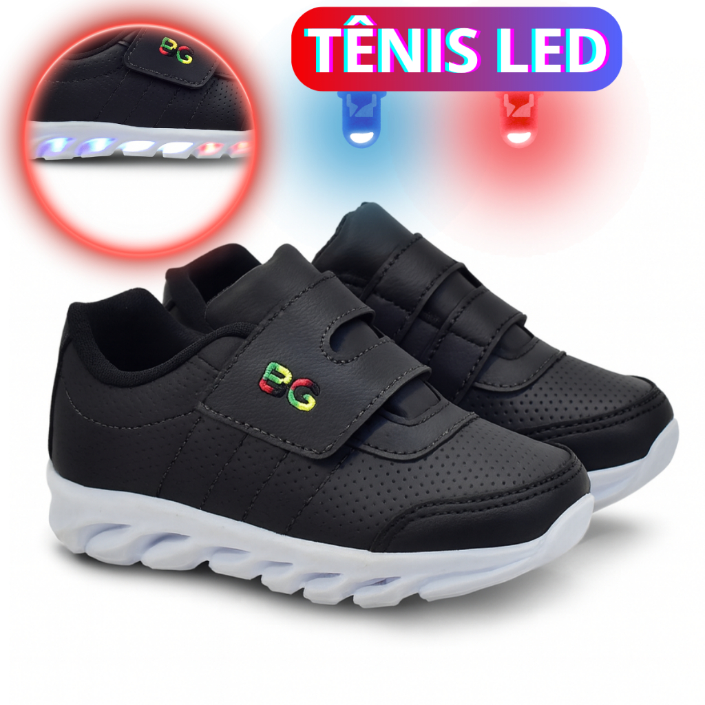 Tenis Menina Menino LED Casual Preto Rosa Sem Cardaço Velcro Macio Confortável Esportivo