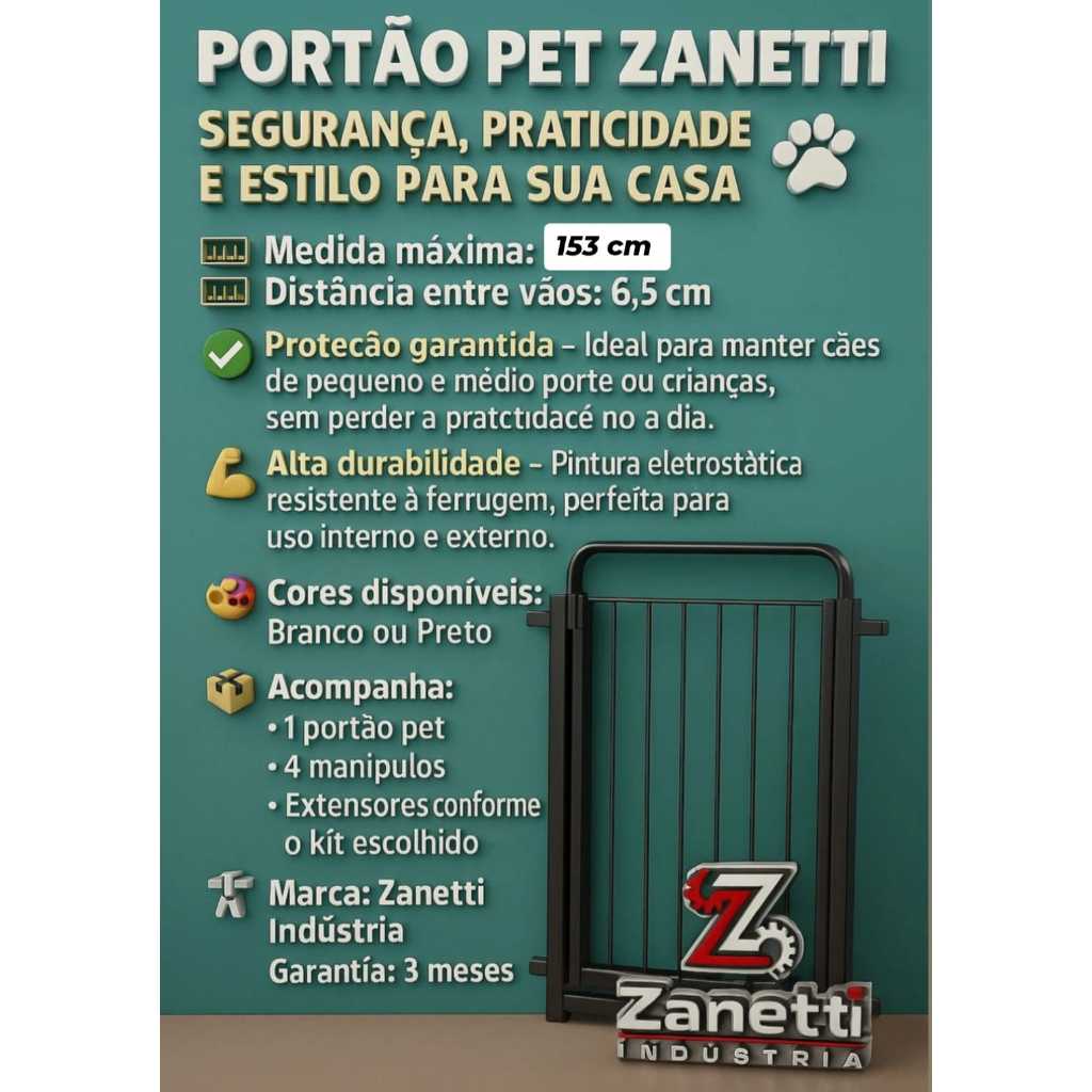 Portão Pet 78cm A 83, 93 , 103 ,113 , 123, 133, 143 , 153cm Com Extensores Cercadinho de Proteção