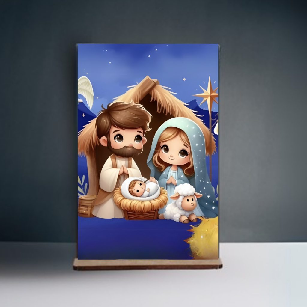 Mini Quadro Decorativo Feliz Natal - Placa MDF 10x15cm Menino Jesus e Papai Noel