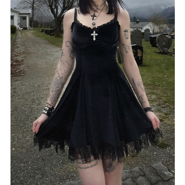 Vestido Preto Veludo Cruz Gotico Goth Rock E girl Moda Alternativa