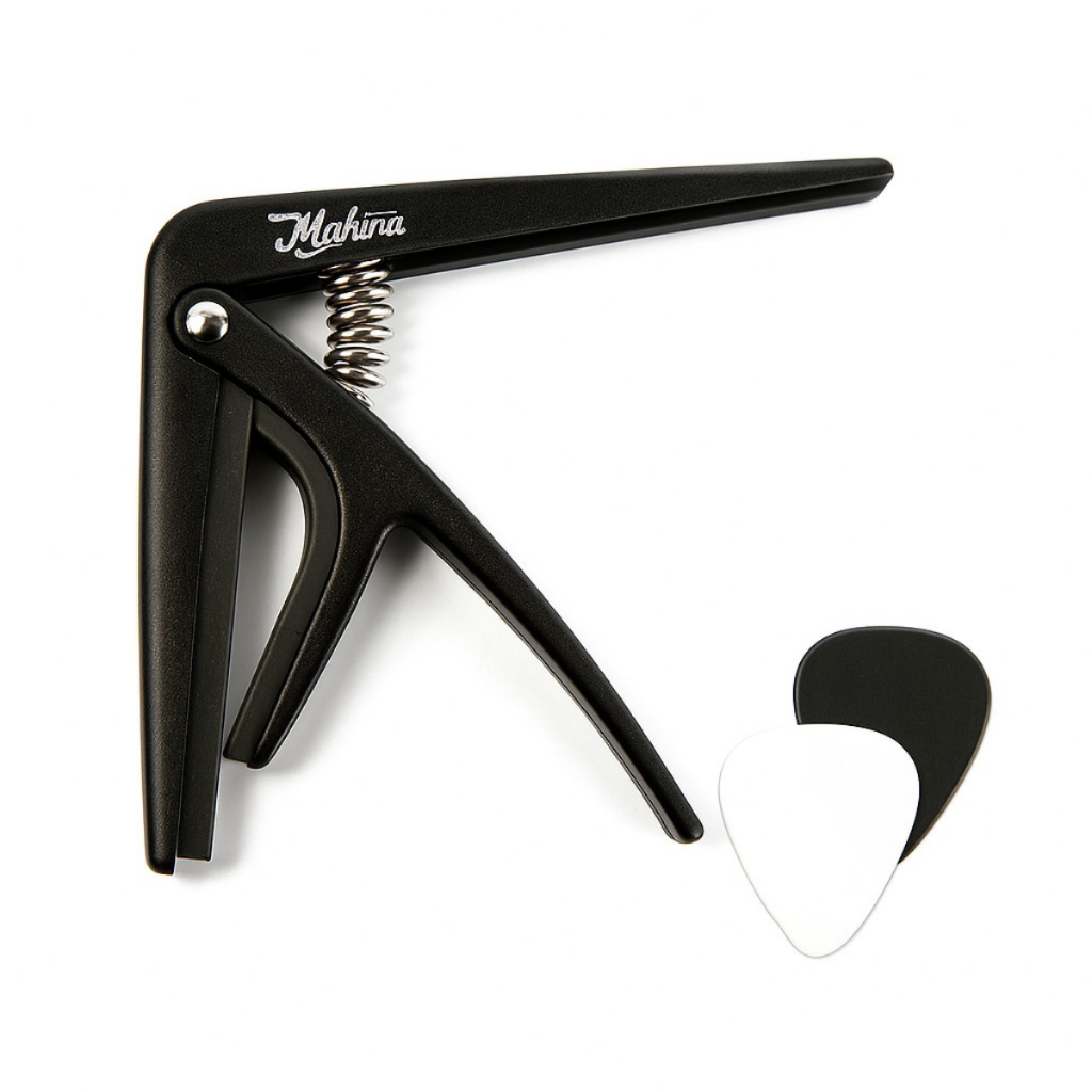 Imagem Capotraste Abraçadeira Mahina Ukulele Cavaco Mola Forte Nylon Preto Palheta