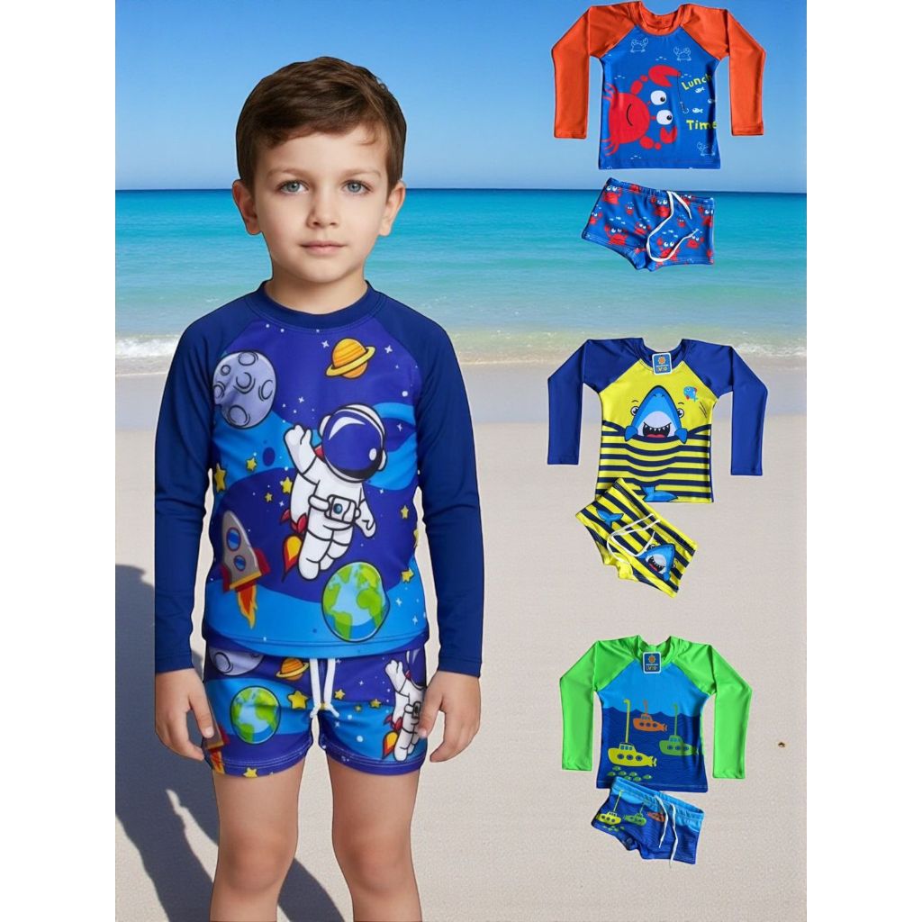 Kit Banho Conjunto Infantil Moda Praia Menino Verão Blusa Camisa Proteção Solar Uv50 Sunga Infantil em Oferta na Shopee