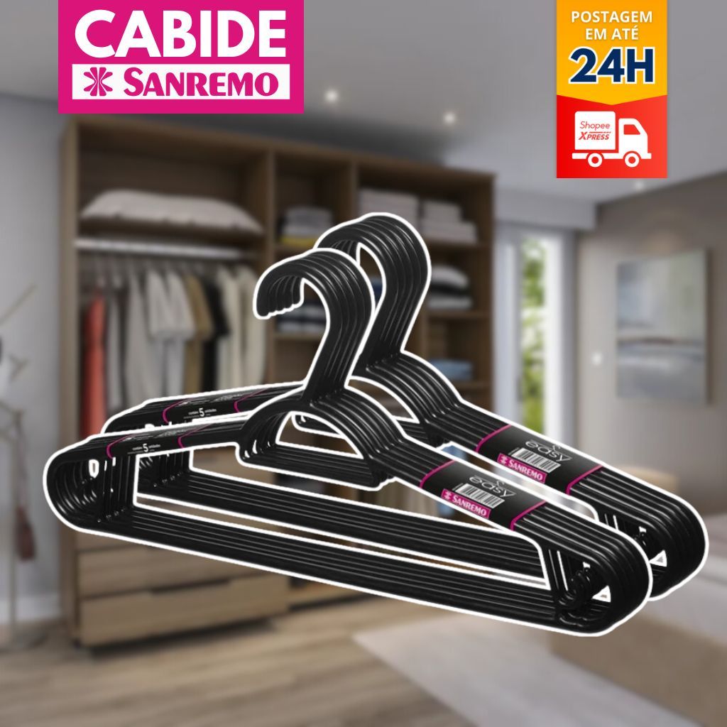 Cabide Reforçado Adulto p/ Pendurar Roupas Organizar Roupas Plástico Sanremo Easy 40cm Preto