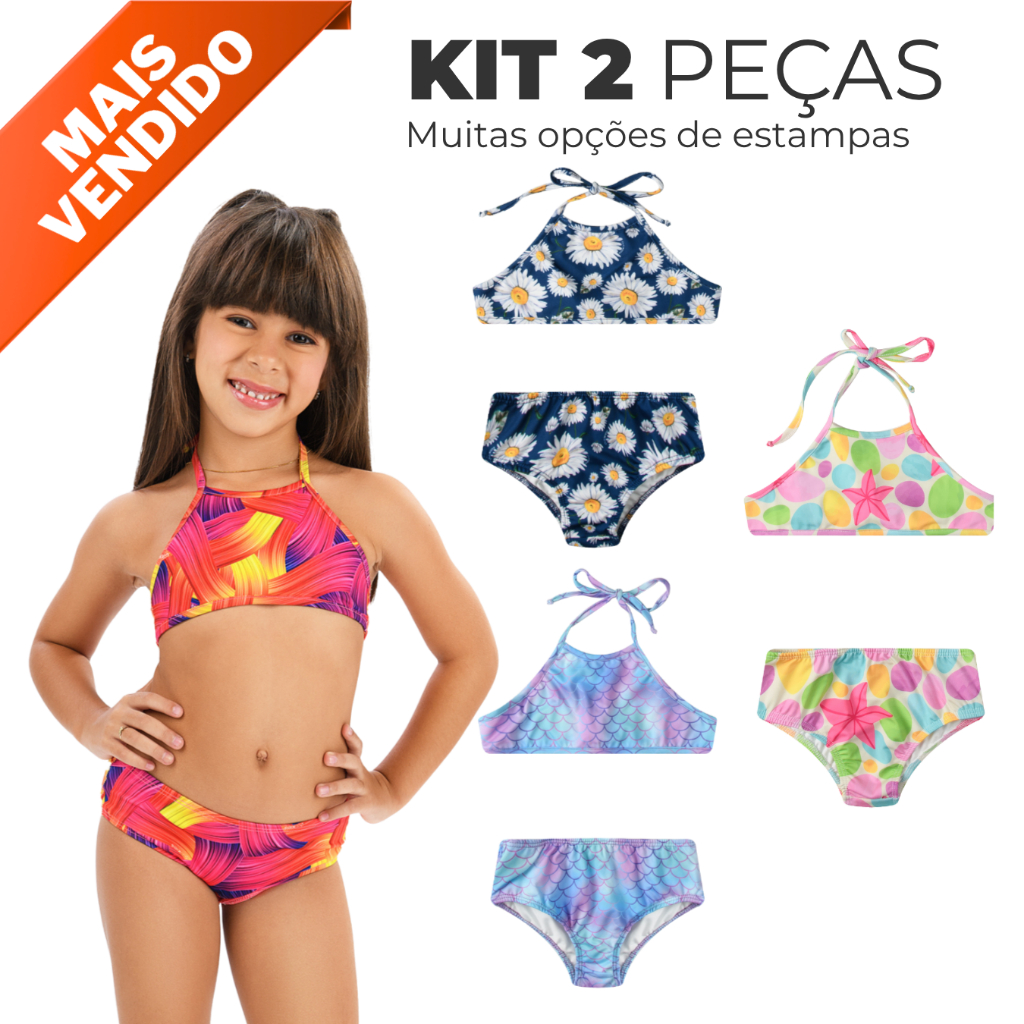 Conjunto Biquini Infantil e Juvenil com proteção UV50 moda praia bebe verão Meninas calcinha e sutiã