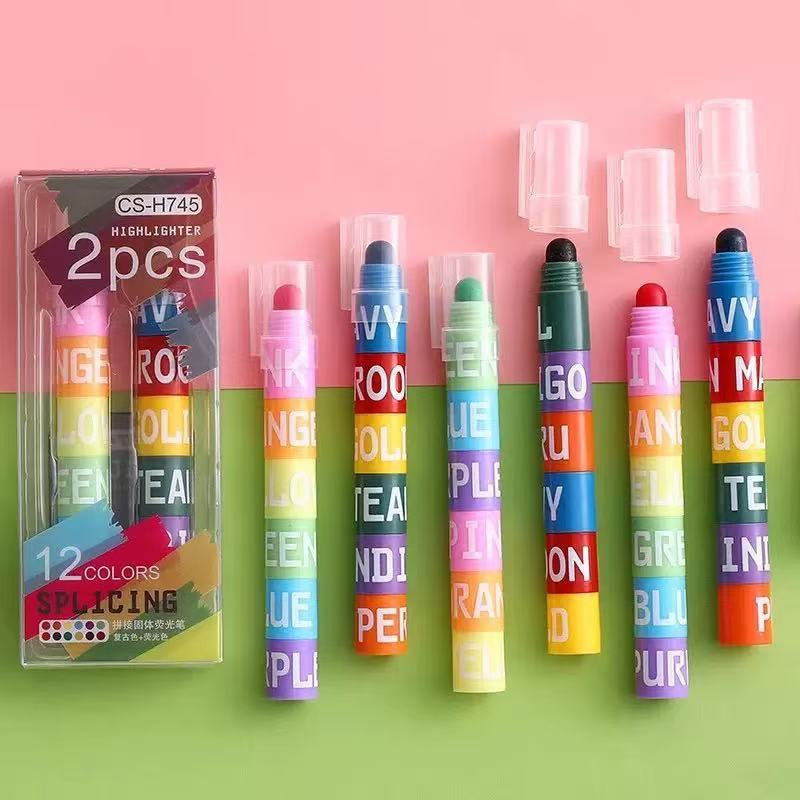 Kit de 5 cores de marca-texto,giz cera,várias estampas e estilos recargas conectáveis e empilháveis