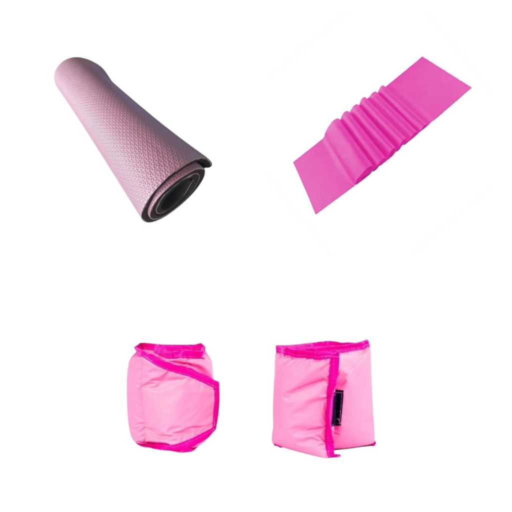 Kit Fitness Rosa: Par de Caneleiras 0,5kg + Tapete Yoga + Elástico Grande para Alongamento
