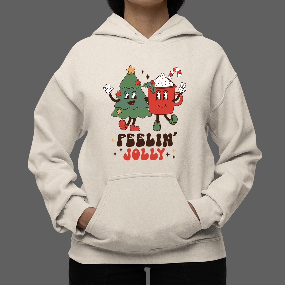 Moletom Canguru com Capuz Natal Feeling Jolly Árvore Chocolate Quente Unissex