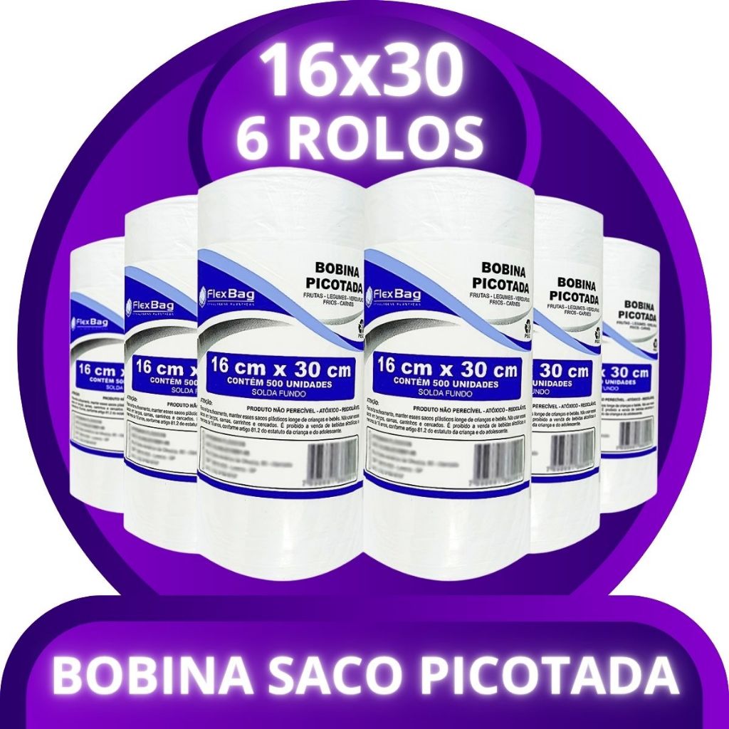 Saco Plástico Picotado 16x30cm Kit 6 Bobinas Saquinho Mercado Hortifruti Frutas Legumes Açougue