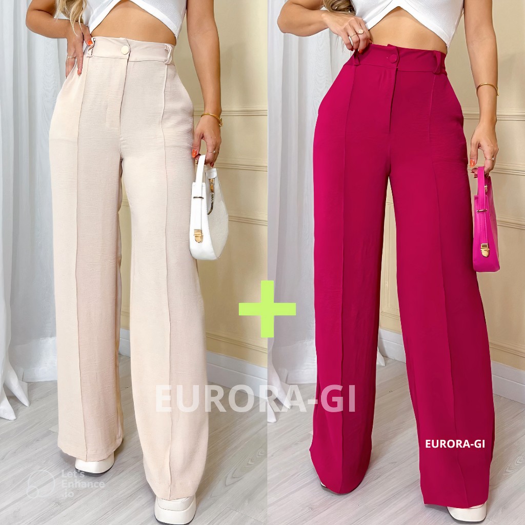 KIT2 Calça Pantalona Feminina Com Botão Forrado e Elástico Na Cintura Tecido Duna Premium em Oferta na Shopee
