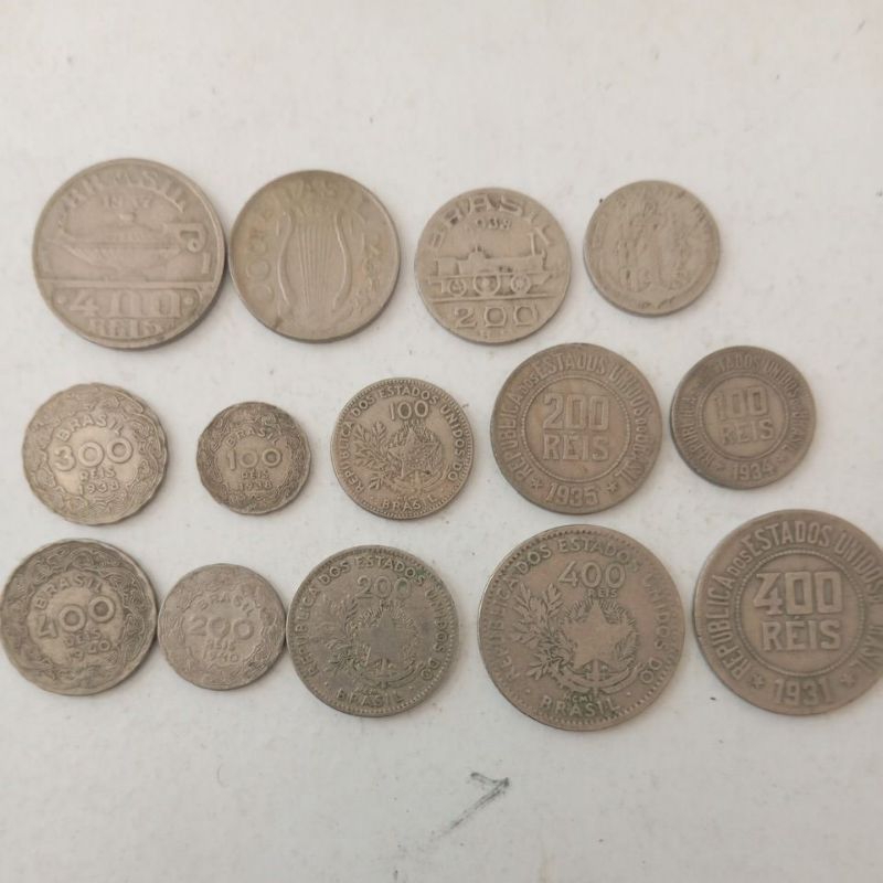 kit com 14 moedas de reis totalmente diferentes uma da outra, MCMI, série ilustre 100, 200, 300 e 400 reis e mais