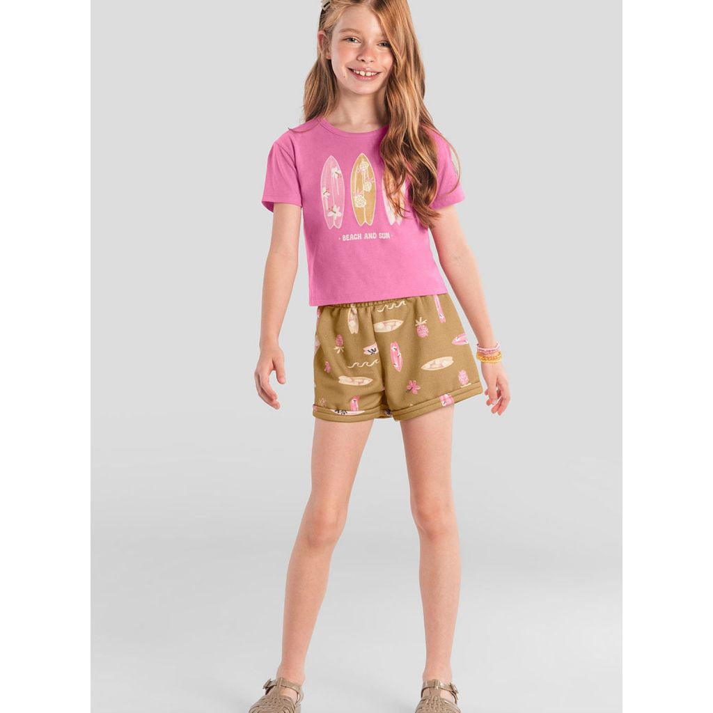Conjunto  verão Blusa Manga Curta 100% algodão E Shorts praia  Moletinho confortável estiloso Brandili