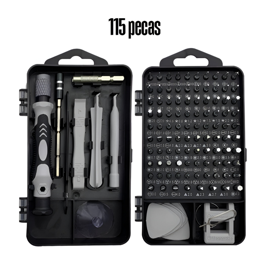 Kit Ferramentas Precisão 115 Peças – Chaves de Fenda para Celular, Notebook e Tablet
