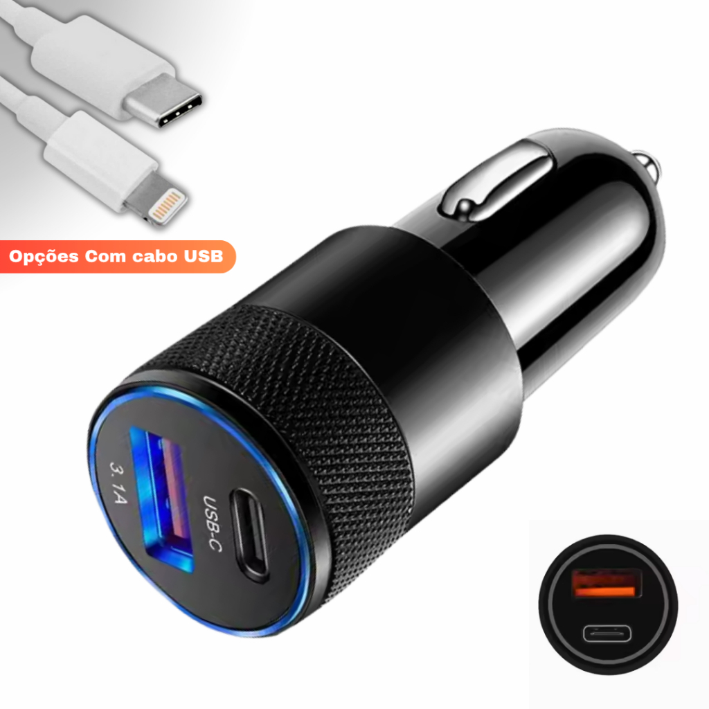 Carregador Veicular com Entrada tipo C + USB 3.4A Turbo Carregamento Rápido de Celular e Tablet em Oferta na Shopee