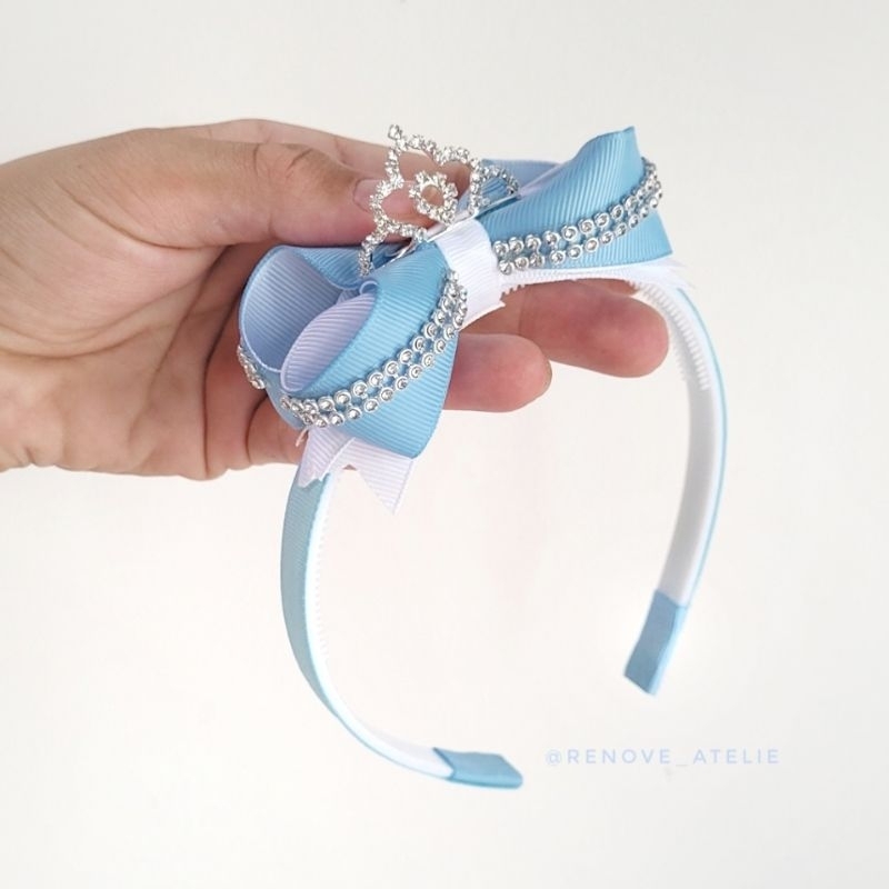 Laço Cinderela Azul 8cm | Tiara | Laço de Cabelo Princesa com Coroa Prata