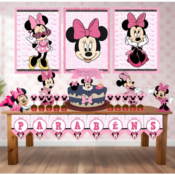 Kit Decoração Festa em Casa Minnie Rosa em Oferta na Shopee