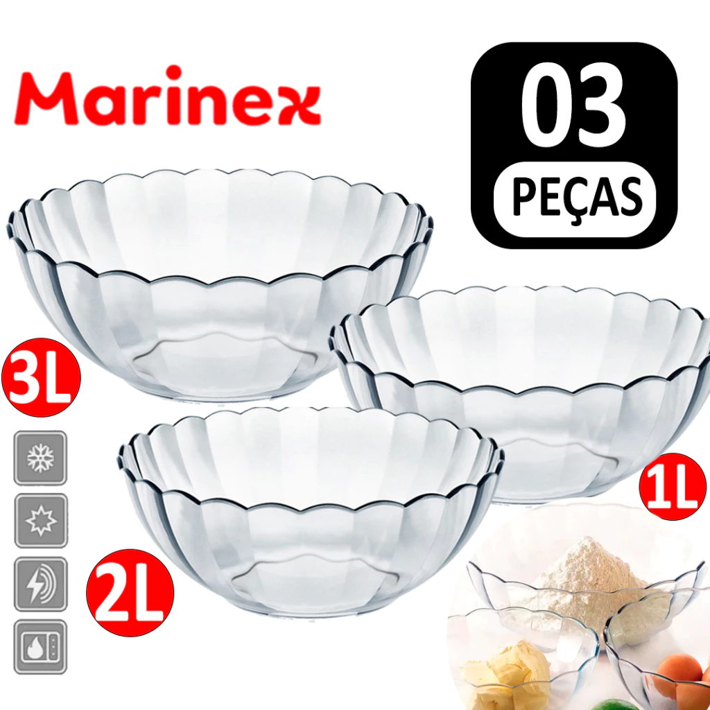 Conjunto Jogo de Tigelas Travessa Marinex Astral Vidro Temperado Saladeira Kit Tigela Transparente — imagem 1