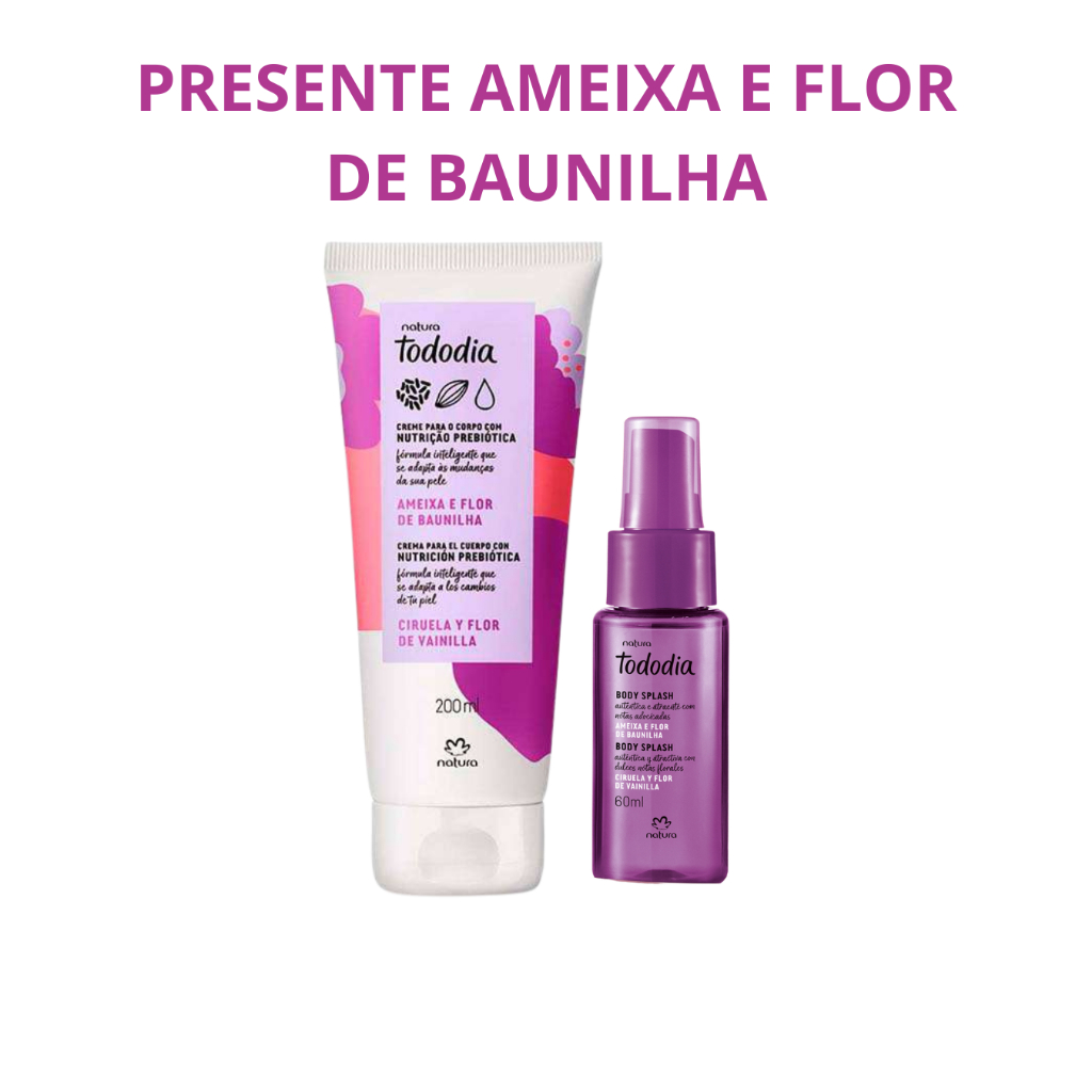 PRESENTE AMEIXA E FLOR DE BAUNILHA BODY SPLASH 60ML + HIDRATANTE 200ML em Oferta na Shopee