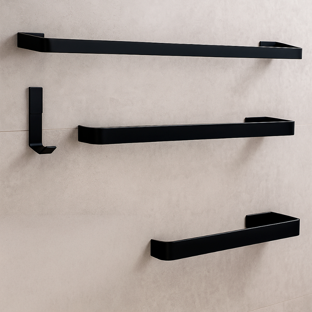 Kit Acessórios Banheiro Lavabo Quadrado 4 Peças Alumínio Preto Fosco Black Matte Anti Ferrugem