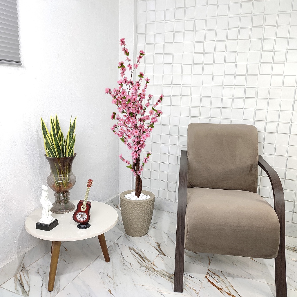 Flor Pessegueiro Cerejeira Artificial Rosa 150cm Vaso Liso Pedra