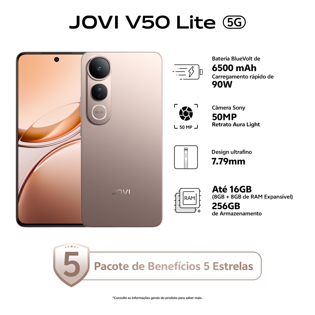 JOVI V50 Lite 5G 256GB, 8GB RAM, câmera 50MP, AMOLED 6.77", 6500mAh, 90W, Android 15 em Oferta na Shopee