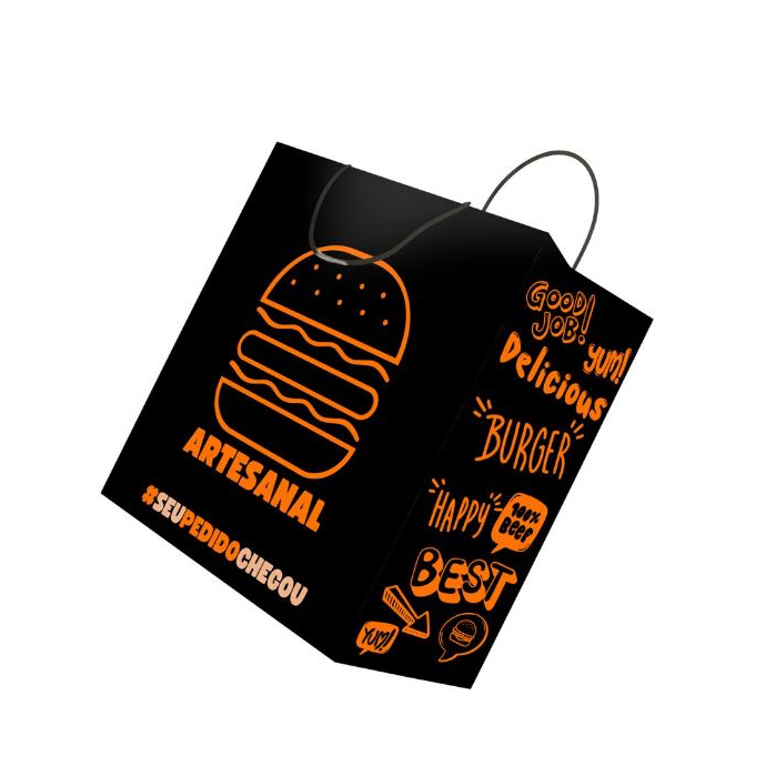 Sacola Kraft Preta Com Alça Para Hamburguer C/ 50 Unid - Lanches, Burguer Artesanal, Gourmet, Black em Oferta na Shopee