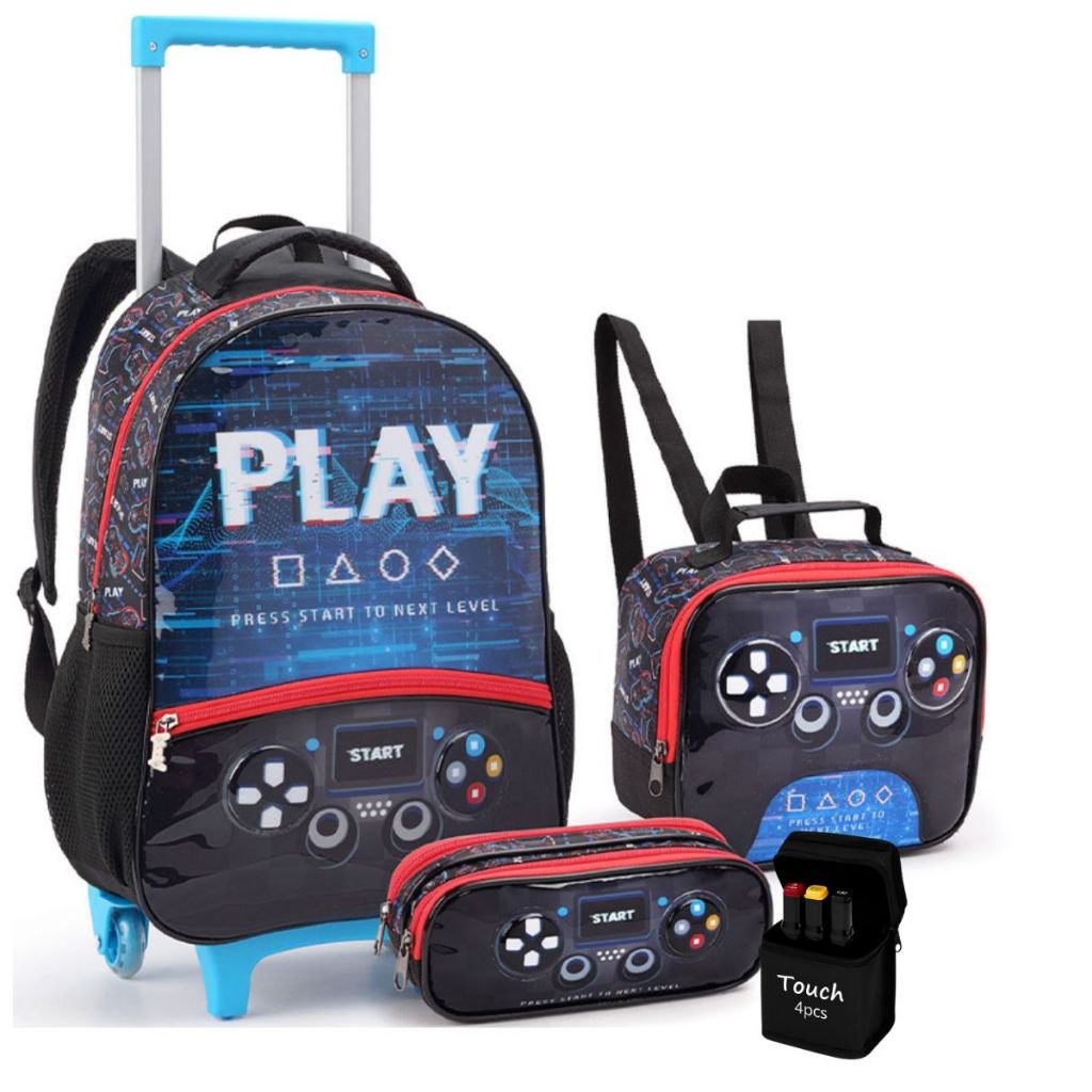 Kit Escolar Mochila de Rodinha com Lancheira e Estojo Gamer Menino Melhor Presente Com Canetinha Ponta Dupla